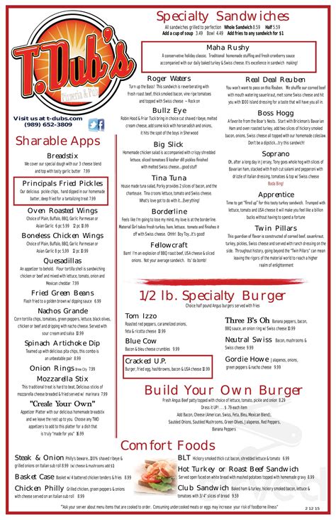 Menu for T.Dubs Pizzeria & Pub in Frankenmuth, MI